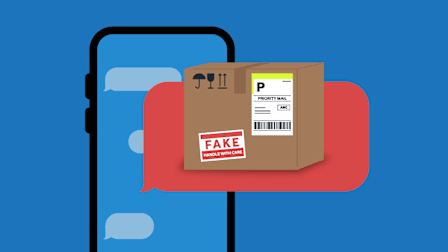 A graphic of a smartphone with a chat bubble containing a package labeled "FAKE"
